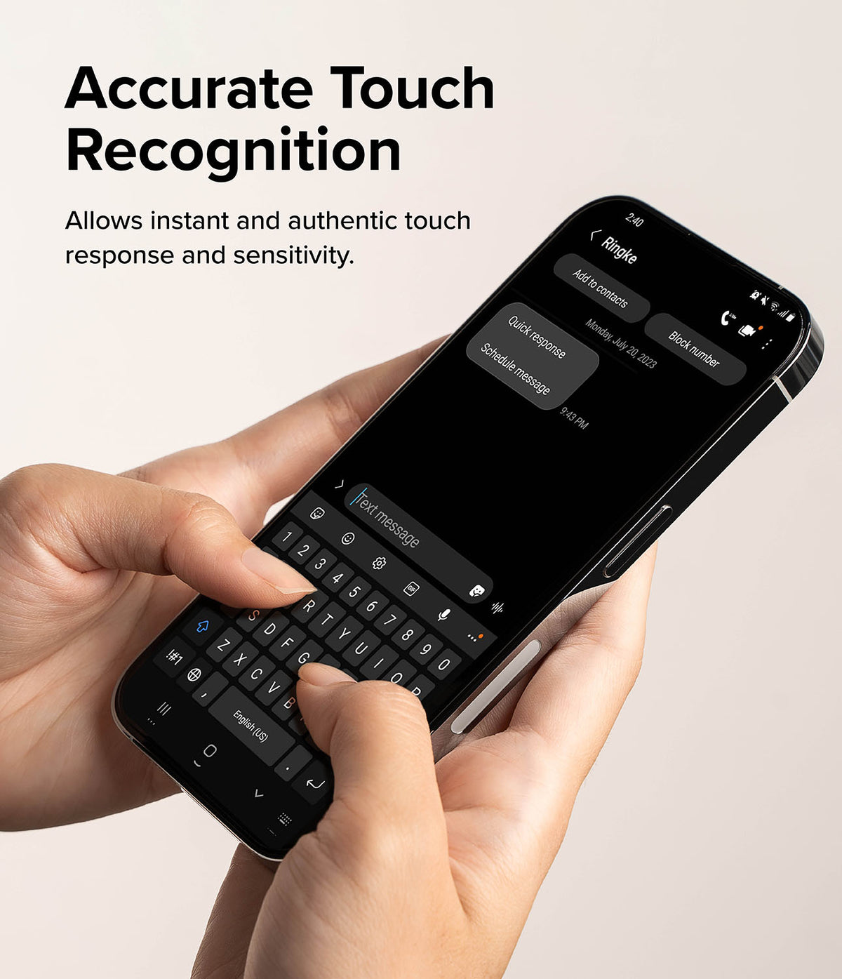 iPhone 15 Screen Protector | Full Cover Glass - Hands typing on an iPhone 15 screen with a glass protector.