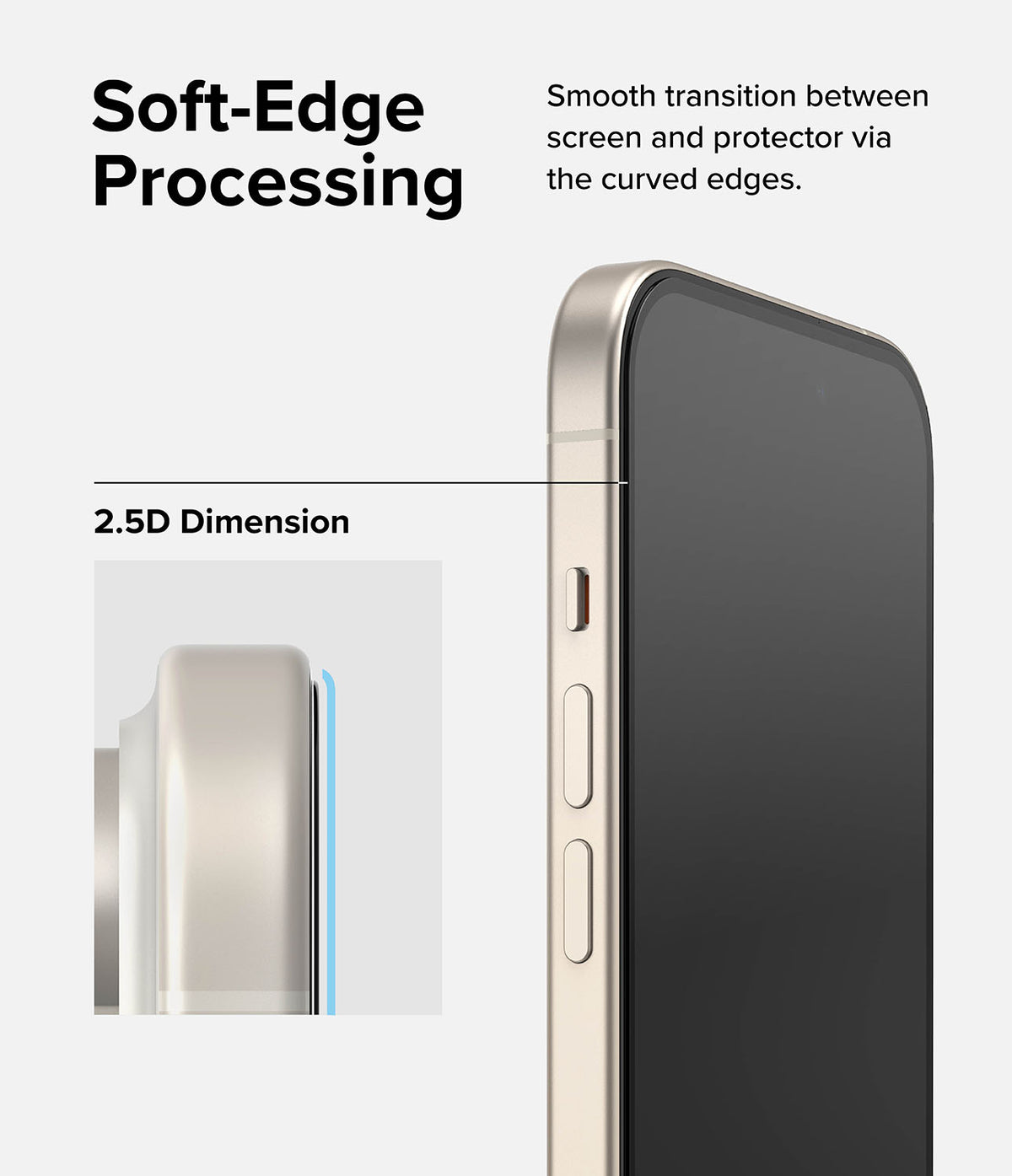 iPhone 15 Screen Protector | Full Cover Glass - iPhone 15 Screen Protector - Close-up of a phone with a 2.5D curved-edge glass screen protector for a smooth transition.