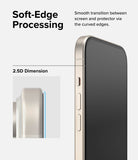 iPhone 15 Screen Protector | Full Cover Glass - iPhone 15 Screen Protector - Close-up of a phone with a 2.5D curved-edge glass screen protector for a smooth transition.