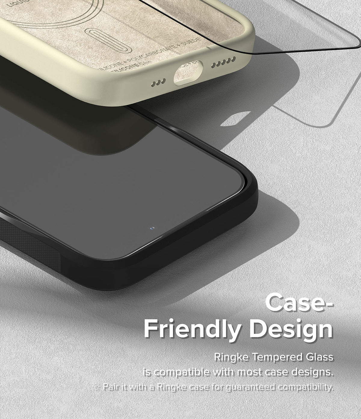 iPhone 15 Screen Protector | Full Cover Glass - Tempered glass screen protector hovering above an iPhone in a case.