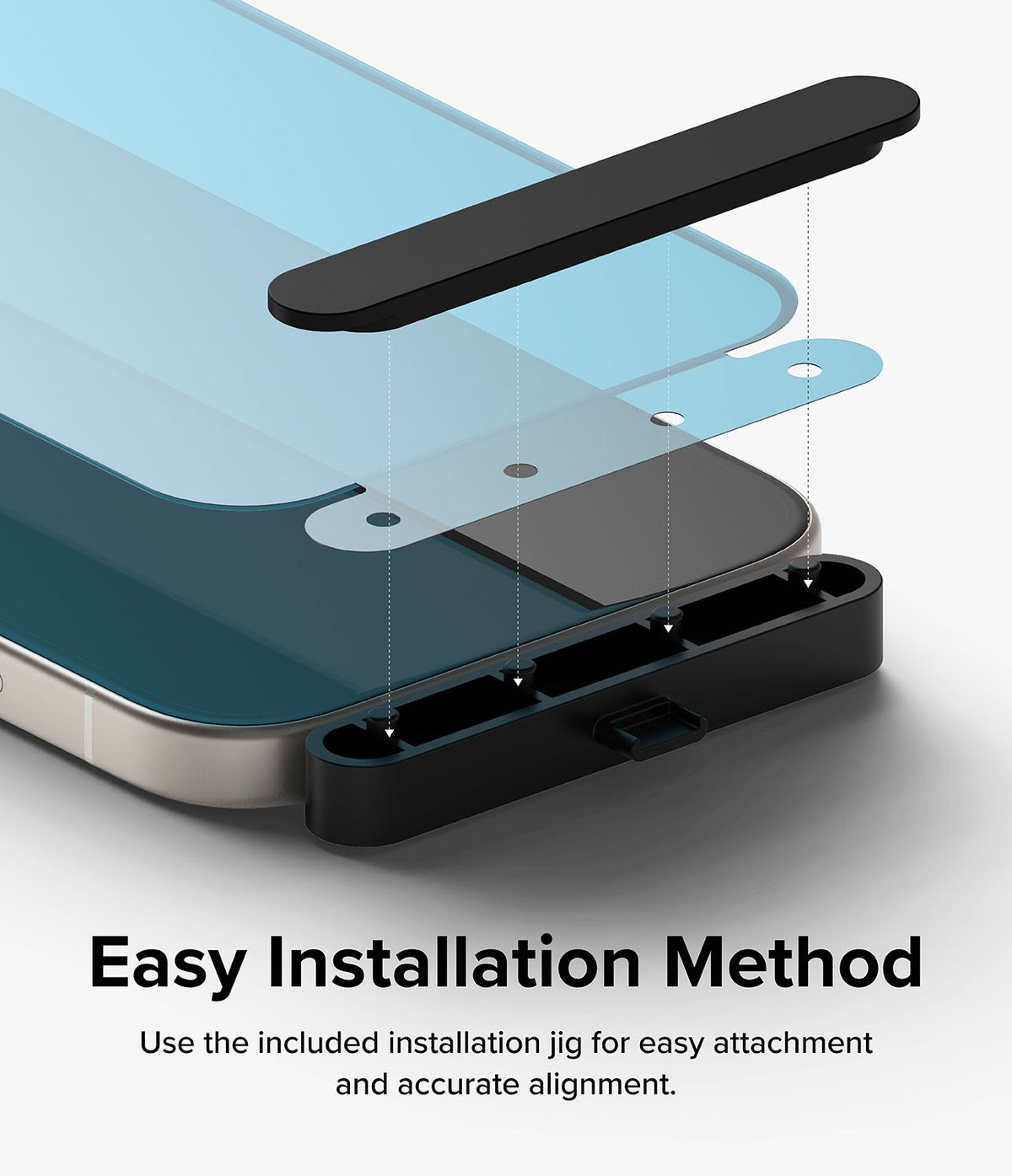 iPhone 15 Screen Protector | Full Cover Glass - Exploded view of screen protector aligning with iPhone using installation jig.