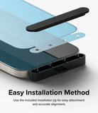 iPhone 15 Screen Protector | Full Cover Glass - Exploded view of screen protector aligning with iPhone using installation jig.