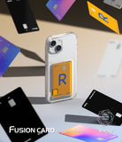 iPhone 15 Plus Case | Fusion Card - Clear phone case with a yellow card holder, surrounded by floating credit cards.