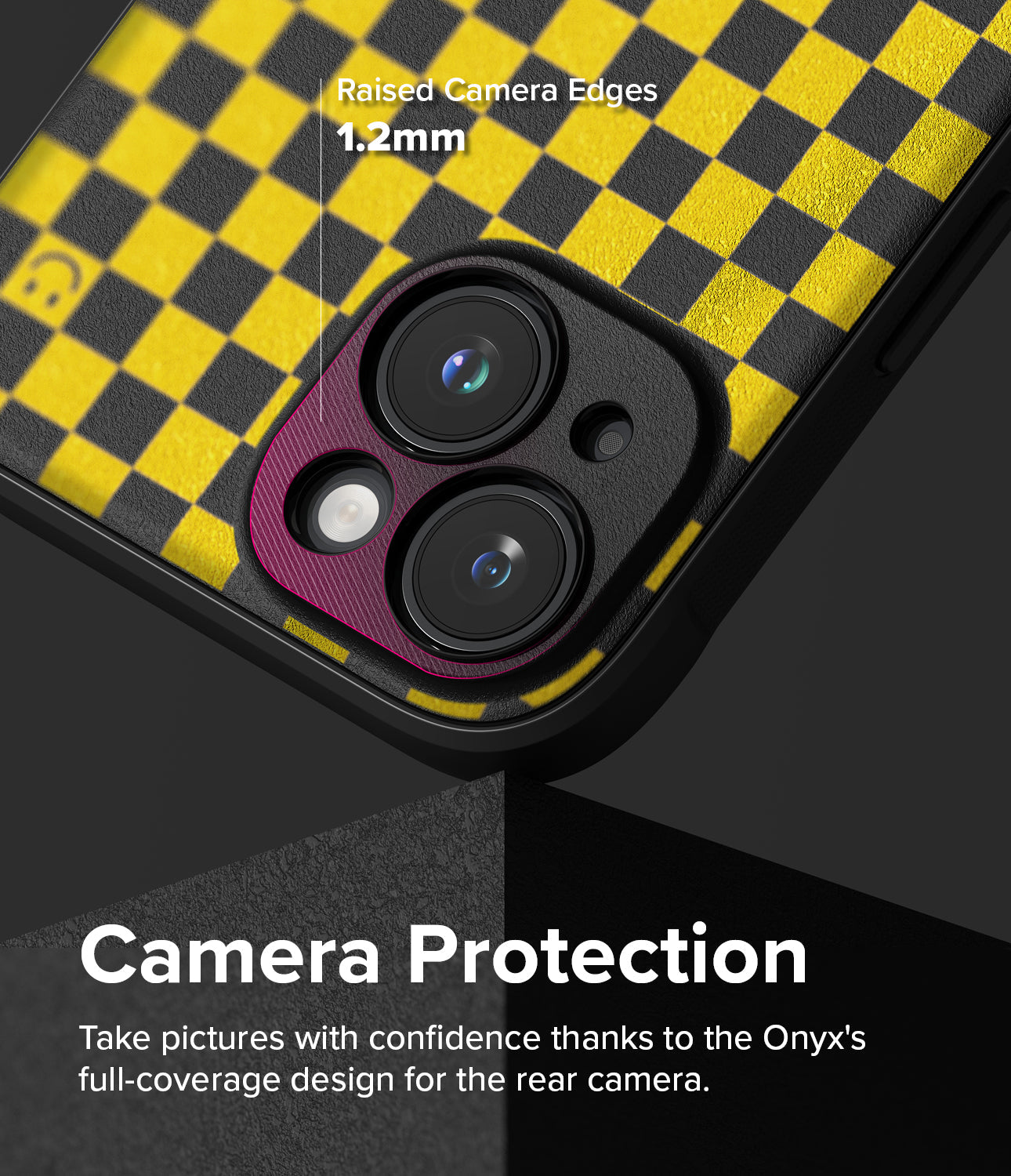 iPhone 15 Plus Case | Onyx Design - Yellow and black checkered phone case with raised 1.2mm camera protection edges.