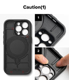 iPhone 16 Pro Max Case | Alles - Black phone case showing internal tabs with red circles and fingers pressing the tabs.