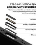 iPhone 16 Pro Max Case | Alles - Exploded view of a phone case button showing PET film, PCB, aluminum frame, and silicone layers.