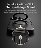 iPhone 16 Pro Max Case | Alles - Close-up of a serrated hinge stand on a black phone case with a 360-degree rotating ring.