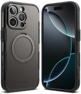 iPhone 16 Pro Max Case | Alles - Matte black rugged protective case with integrated circular stand and camera cutout.