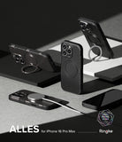 iPhone 16 Pro Max Case | Alles - Multiple black iPhone 16 Pro Max cases with integrated ring stands and MagSafe charging.