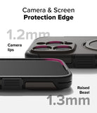 iPhone 16 Pro Max Case | Alles - Close-up of phone case showing 1.2mm camera lips and 1.3mm raised screen bezel protection.
