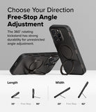 iPhone 16 Pro Max Case | Alles - Black phone case with a 360-degree rotating kickstand shown at various viewing angles.