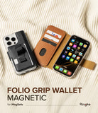 iPhone 16 Pro Max / 16 Plus Cover | Folio Grip Wallet Magnetic - iPhone 16 Pro Max / 16 Plus Cover - Black magnetic phone case with finger strap and tan folio wallet with card slots.