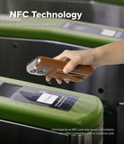 iPhone 16 Pro Max / 16 Plus Cover | Folio Grip Wallet Magnetic - iPhone 16 Pro Max / 16 Plus Cover - Hand holding a brown leather folio phone case over an NFC subway turnstile reader.