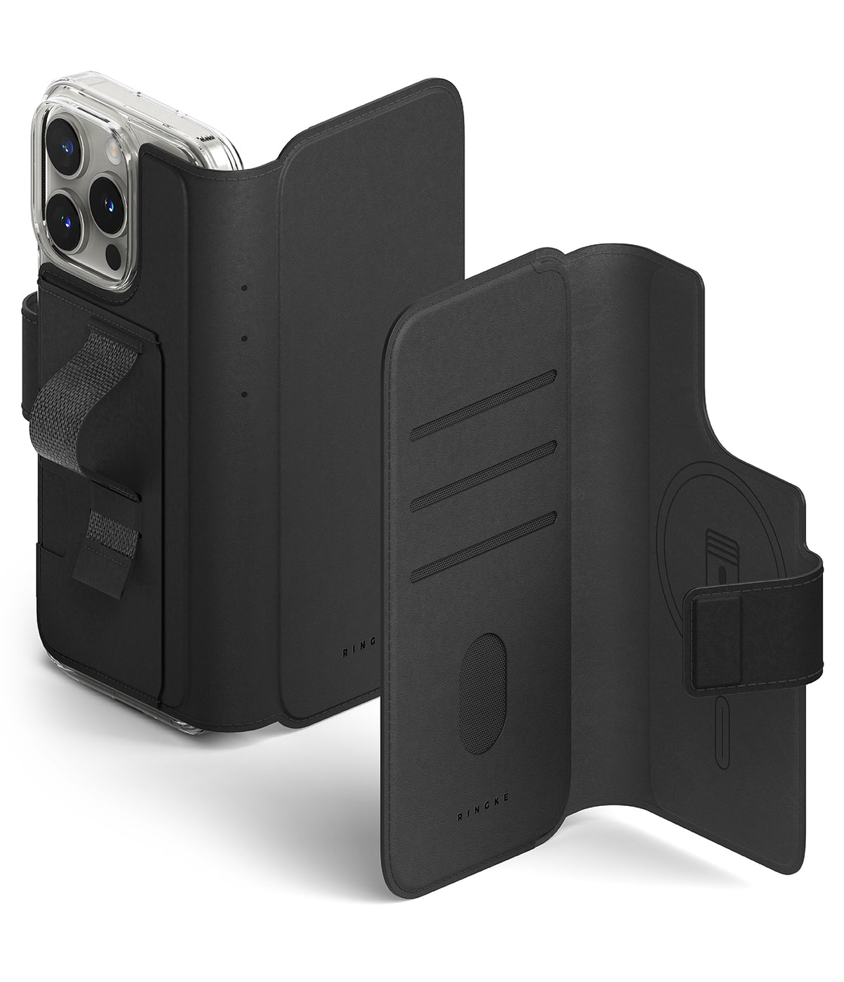 iPhone 16 Pro Max / 16 Plus Cover | Folio Grip Wallet Magnetic - iPhone 16 Pro Max / 16 Plus Cover - Black magnetic folio wallet case with hand strap and card slots for iPhone.