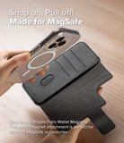 [Combo] iPhone 16 Pro Max | Folio Wallet Magnetic + Fusion Magnetic - Hand attaching a clear MagSafe case to a black wallet.