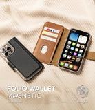[Combo] iPhone 14 Plus | Folio Wallet Magnetic + Fusion Magnetic - Black magnetic wallet case and phone on knit fabric.