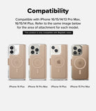 iPhone Pro Max & Plus MagSafe Cover | Folio Wallet Magnetic - iPhone Pro Max & Plus MagSafe Cover - Compatibility chart showing four iPhone models with attached tan MagSafe wallets.