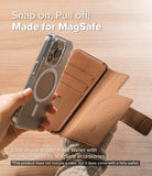 iPhone Pro Max & Plus MagSafe Cover | Folio Wallet Magnetic - Hand holding a clear MagSafe iPhone case near a brown leather magnetic folio wallet.