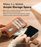 iPhone Pro Max & Plus MagSafe Cover | Folio Wallet Magnetic - iPhone Pro Max & Plus MagSafe Cover - Tan leather folio wallet case holding three cards and cash next to an iPhone.