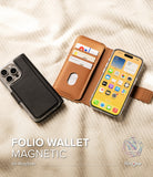 iPhone Pro Max & Plus MagSafe Cover | Folio Wallet Magnetic - Black magnetic wallet case and open tan folio case with cards.