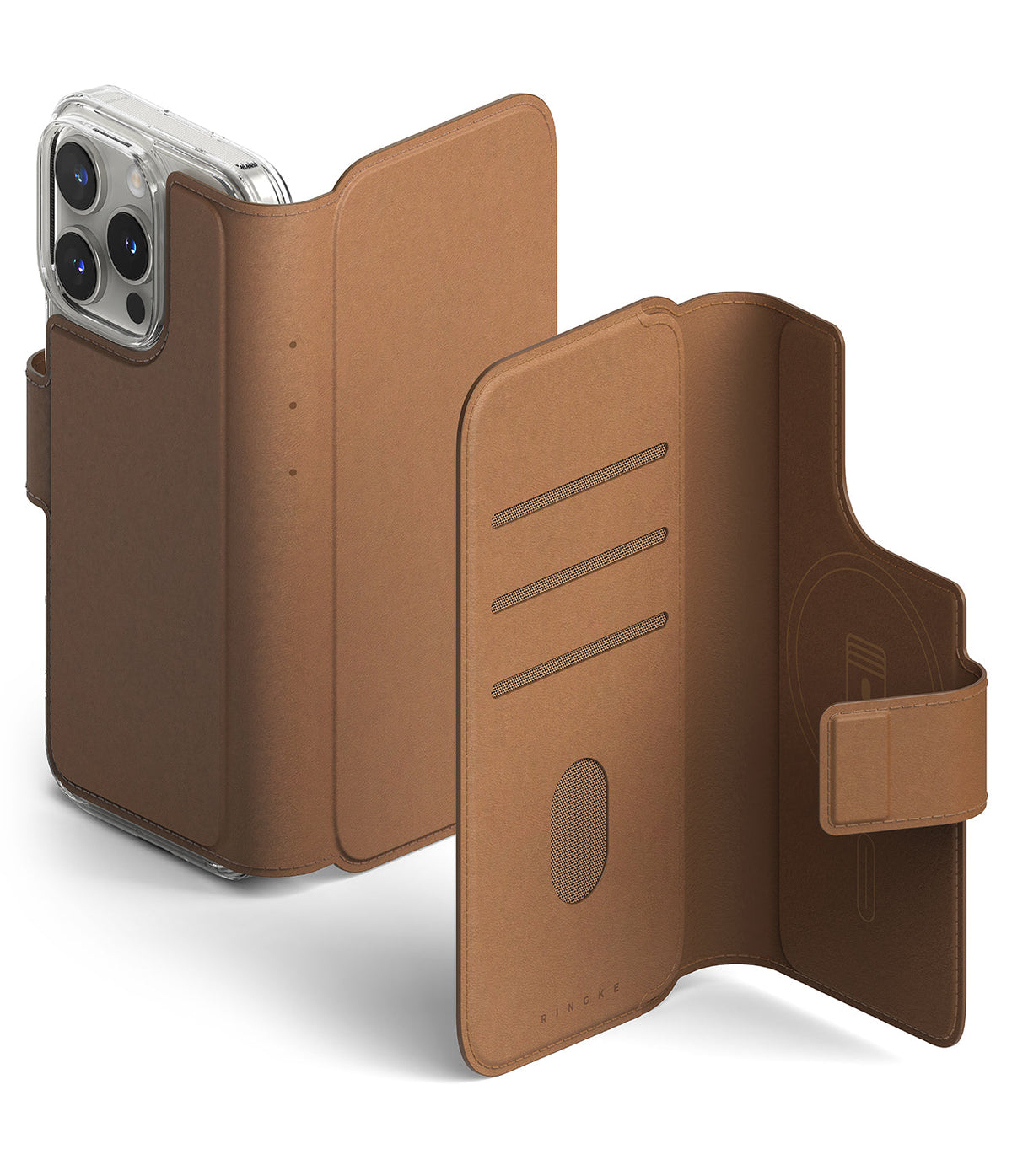 iPhone Pro Max & Plus MagSafe Cover | Folio Wallet Magnetic - iPhone Pro Max & Plus MagSafe Cover - Brown leather folio wallet case with card slots and magnetic closure for iPhone.