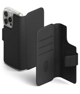 iPhone Pro Max & Plus MagSafe Cover | Folio Wallet Magnetic - Black leather folio case with card slots and magnetic strap.