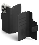 [Combo] iPhone 16 Pro Max | Folio Wallet Magnetic + Fusion Magnetic - Black folio wallet case with card slots and magnetic closure shown closed on phone and open.