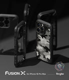 iPhone 16 Pro Max Case | Fusion-X - Multiple black Fusion-X phone cases with a grey camouflage pattern on a dark background.