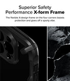 iPhone 16 Pro Max Case | Fusion-X - Close-up of a black phone case corner with a reinforced X-design frame next to textured rock.