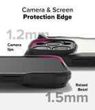 iPhone 16 Pro Max Case | Fusion-X - Close-up of phone case showing 1.2mm camera lips and 1.5mm raised screen bezel protection.