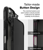 iPhone 16 Pro Max Case | Fusion-X - Close-up of black phone case buttons showing notched textures and open cutouts for easy access.