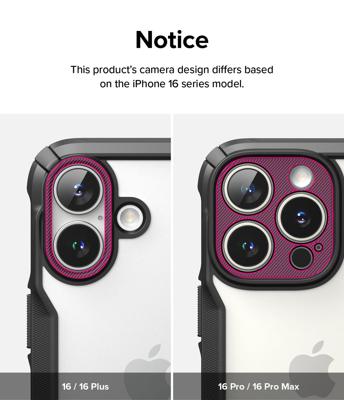 iPhone 16 Pro Max Case | Fusion-X - Comparison of iPhone 16 and 16 Pro camera cutouts on protective cases with pink highlights.