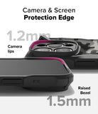 iPhone 16 Pro Max Case | Fusion-X - Close-up of phone case showing 1.2mm camera lips and 1.5mm raised screen bezel protection.