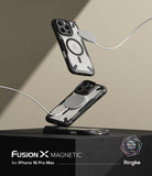 iPhone 16 Pro Max Case | Fusion-X Magnetic - Two black Fusion-X cases floating with magnetic chargers attached.
