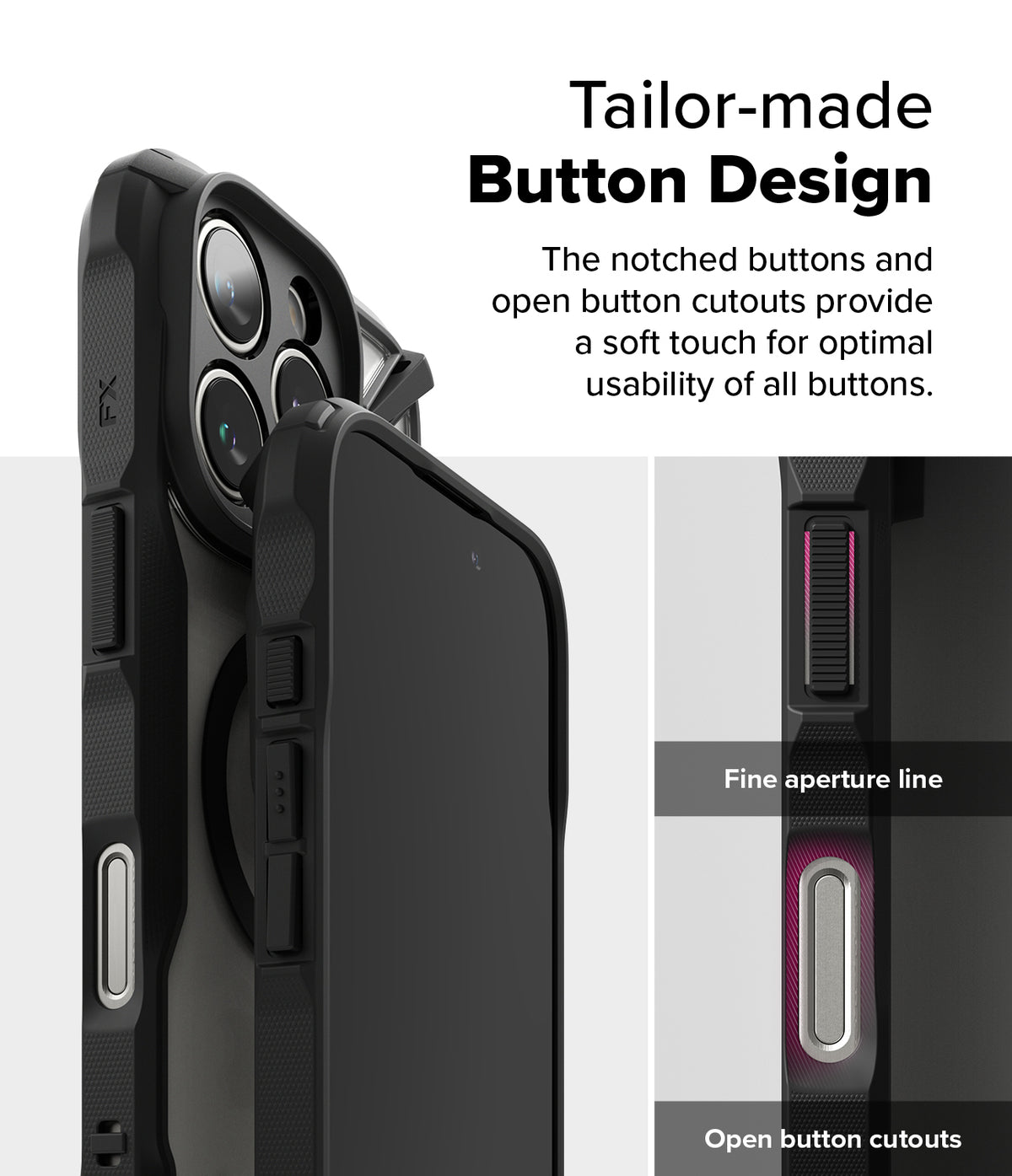 iPhone 16 Pro Max Case | Fusion-X Magnetic - Close-up of black phone case showing notched buttons and open cutouts.