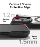 iPhone 16 Pro Max Case | Fusion-X Magnetic - Close-up of phone case showing 1.2mm camera lips and 1.5mm raised screen bezel.