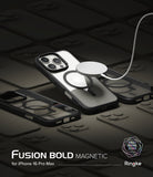 iPhone 16 Pro Max Case | Fusion Bold Magnetic - Clear case with black frame and magnetic ring charging on dark background.