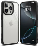 iPhone 16 Pro Max Case | Fusion Bold - Front and back views of a clear phone case with a black frame on an iPhone.