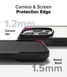 iPhone 16 Pro Max Case | Fusion Bold - Close-up of phone case showing 1.2mm camera lips and 1.5mm raised screen bezel for protection.