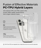 iPhone 16 Pro Max Case | Fusion Card - Exploded view of a clear hybrid PC and TPU phone case on an iPhone.