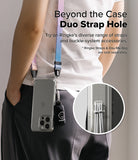 iPhone 16 Pro Max Case | Fusion - Person wearing a phone case with a colorful dual-strap system and a close-up of the strap hole.