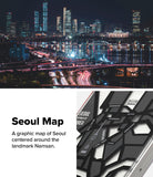 iPhone 16 Pro Max Case | Fusion Design - Seoul skyline at night above a graphic map case featuring Namsan and city landmarks.