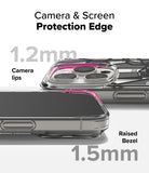 iPhone 16 Pro Max Case | Fusion Design - Close-up of phone case showing 1.2mm camera lips and 1.5mm raised screen bezel.