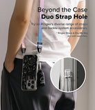 iPhone 16 Pro Max Case | Fusion Design - Person wearing a phone case with a colorful strap and a close-up of the duo strap hole.