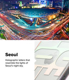 iPhone 16 Pro Max Case | Fusion Design - Seoul-themed phone case with holographic lettering over a night cityscape.