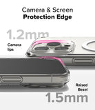 iPhone 16 Pro Max Case | Fusion Magnetic - Close-up of clear phone case showing 1.2mm camera lips and 1.5mm raised screen bezel.