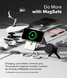 iPhone 16 Pro Case | Fusion Magnetic Matte - iPhone 16 Pro charging on a stand surrounded by various MagSafe accessories.