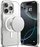 iPhone 16 Pro Max Case | Fusion Magnetic - Clear phone case with MagSafe charger attached to the back and front view.