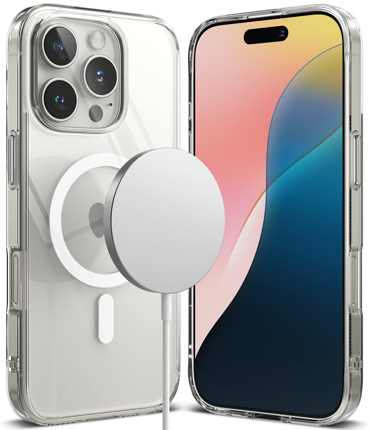[Combo] Galaxy S25 Ultra Case | Folio Grip Wallet Magnetic + Fusion Magnetic - Clear magnetic phone case shown from front and back with a white wireless charger attached.