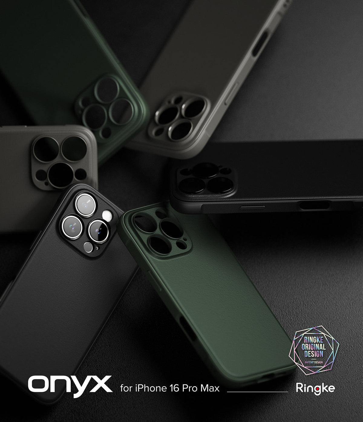 iPhone 16 Pro Max Case | Onyx - Multiple matte-textured iPhone 16 Pro Max cases in black and green arranged on a dark surface.